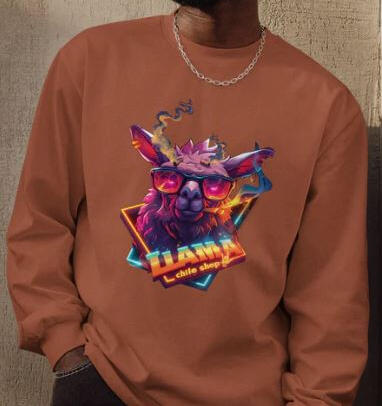 Picture of a sweatshirt bearing the Llama Chile Shop logo or a colorful llama's head, wearing horn-rimmed glasses